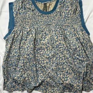 Anthropologie Blue and Cream Smocked Floral Tank